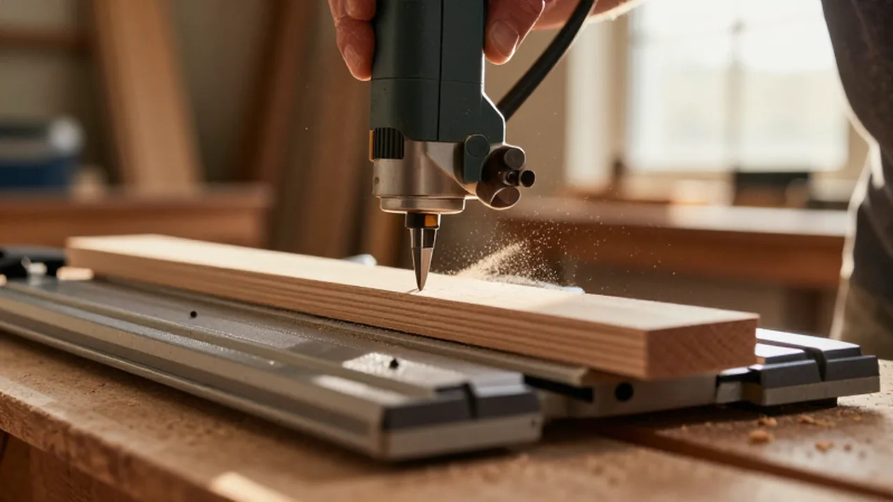 Manos de un carpintero cortando una moldura de madera con una sierra de inglete en un taller.