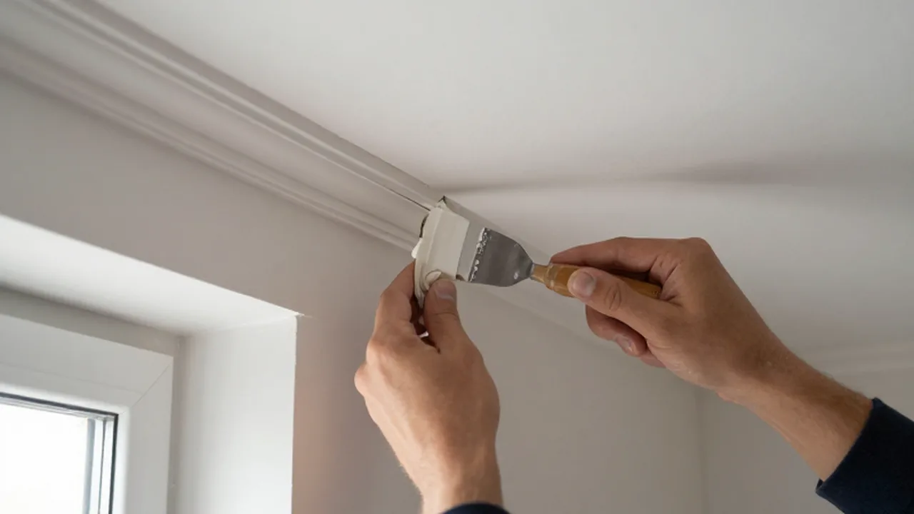 Manos aplicando masilla blanca con una espátula en la unión de una moldura y el techo.