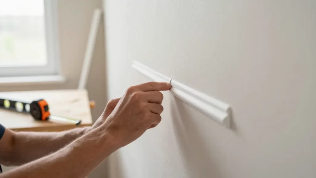Manos colocando cuidadosamente molduras decorativas blancas sobre una pared de color neutro.