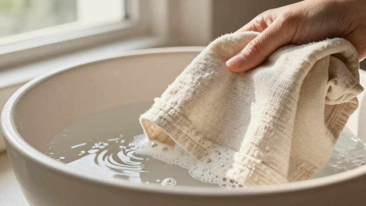 Lavado manual de un mantel de lino en un lavabo de cerámica con espuma y luz natural.