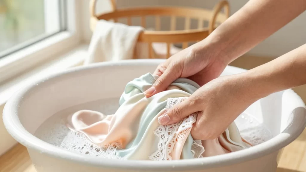 Manos lavando delicadamente una blusa de seda de color pastel en un cuenco de cerámica.