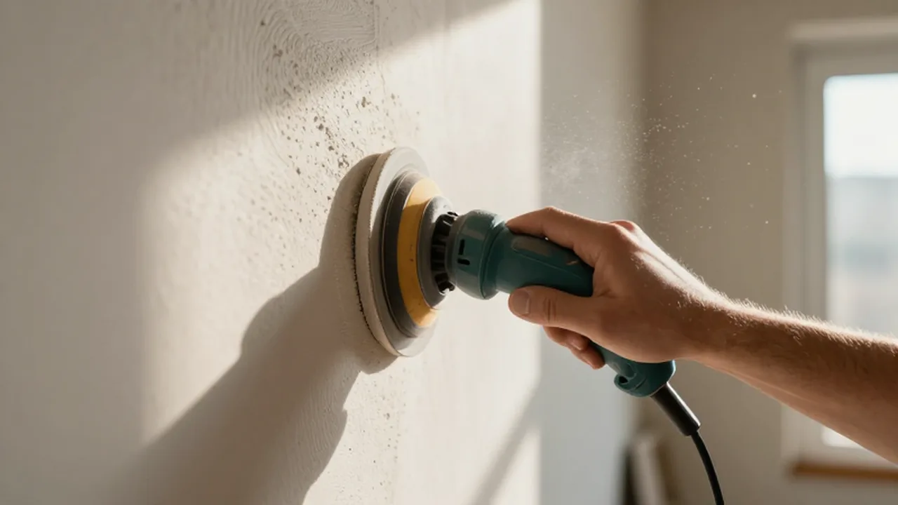 Manos lijando una pared de yeso irregular bajo la luz del sol en una habitación.