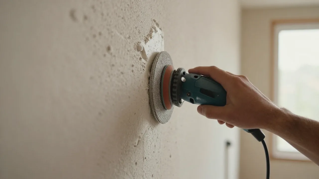 Persona lijando una pared de yeso rugosa con un bloque profesional bajo luz natural.