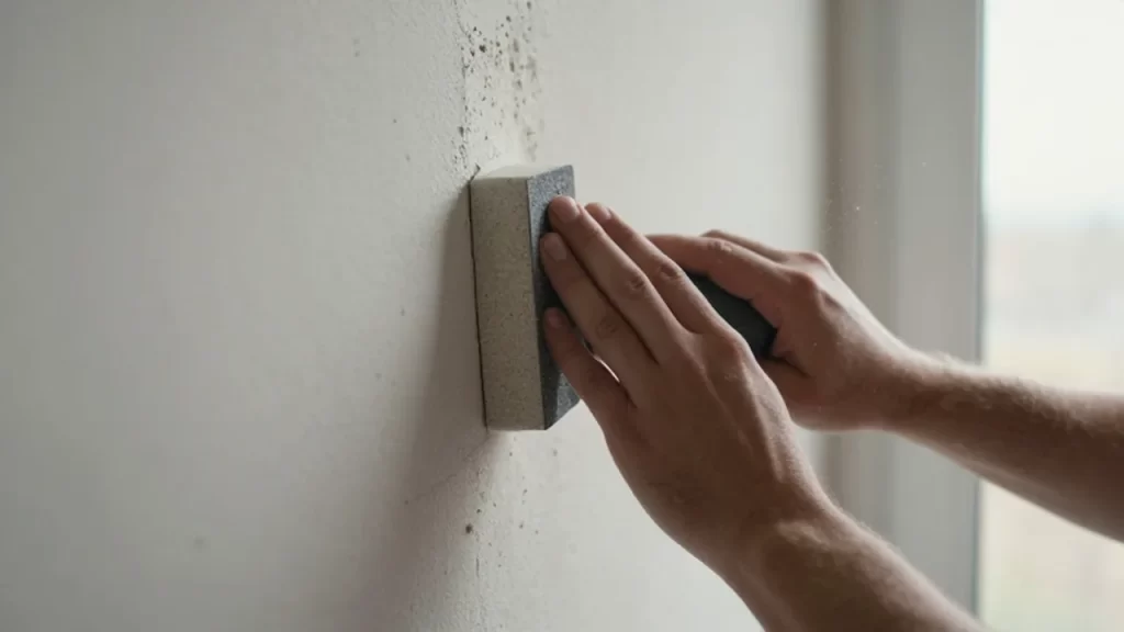 Manos lijando una pared de yeso irregular con un taco de lijado en un entorno de reparación doméstica.