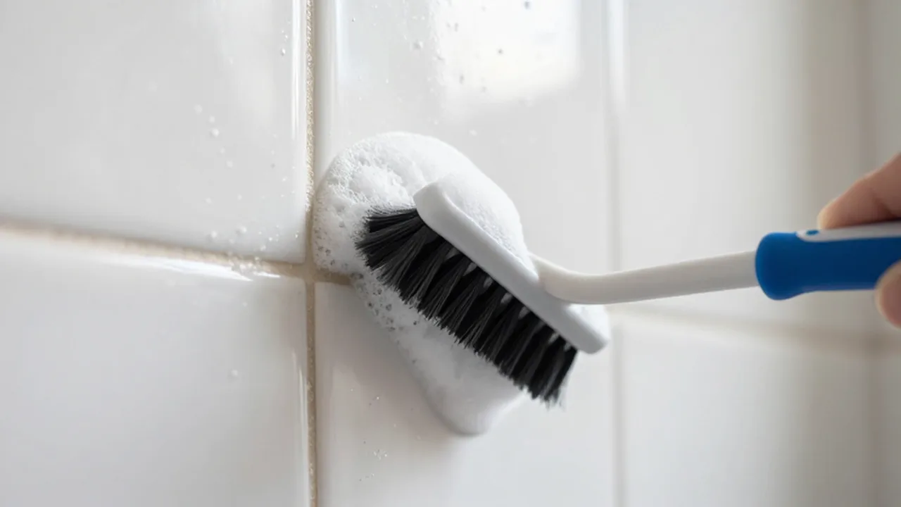 Cepillo pequeño limpiando la junta de un azulejo blanco con espuma de jabón.