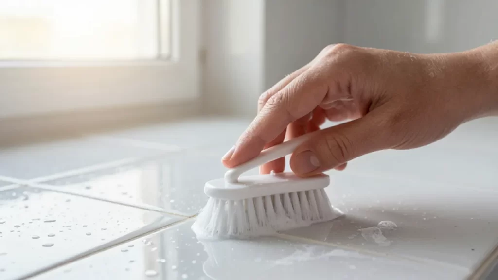 Una mano limpia la junta de unos azulejos blancos con un cepillo y espuma.