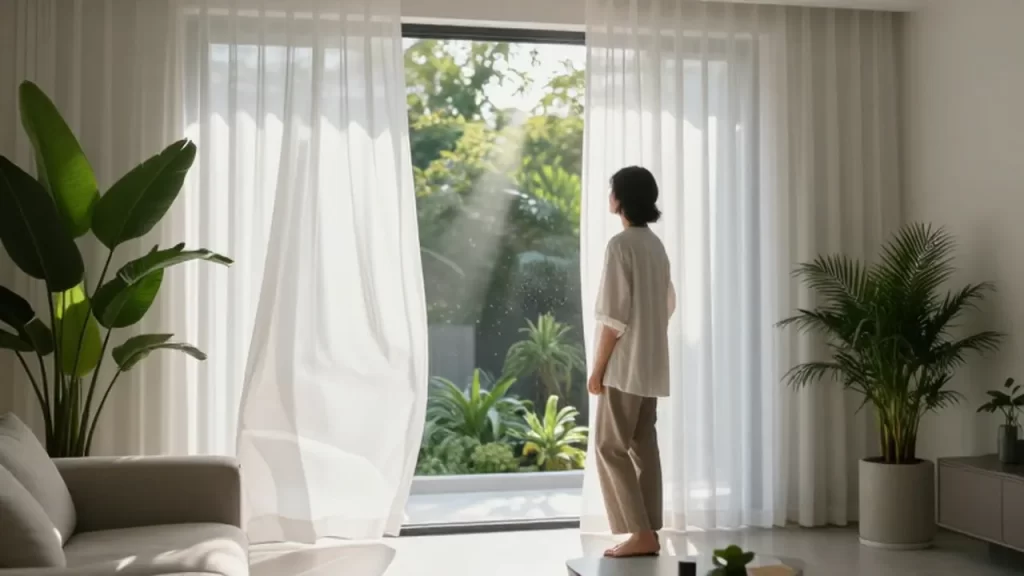 Una persona junto a una ventana abierta con cortinas blancas y luz solar filtrándose en un salón minimalista.