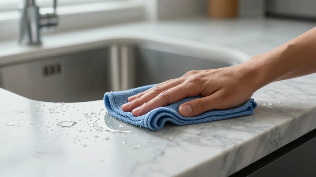 Manos limpiando la grasa de una encimera de mármol con un paño de microfibra.