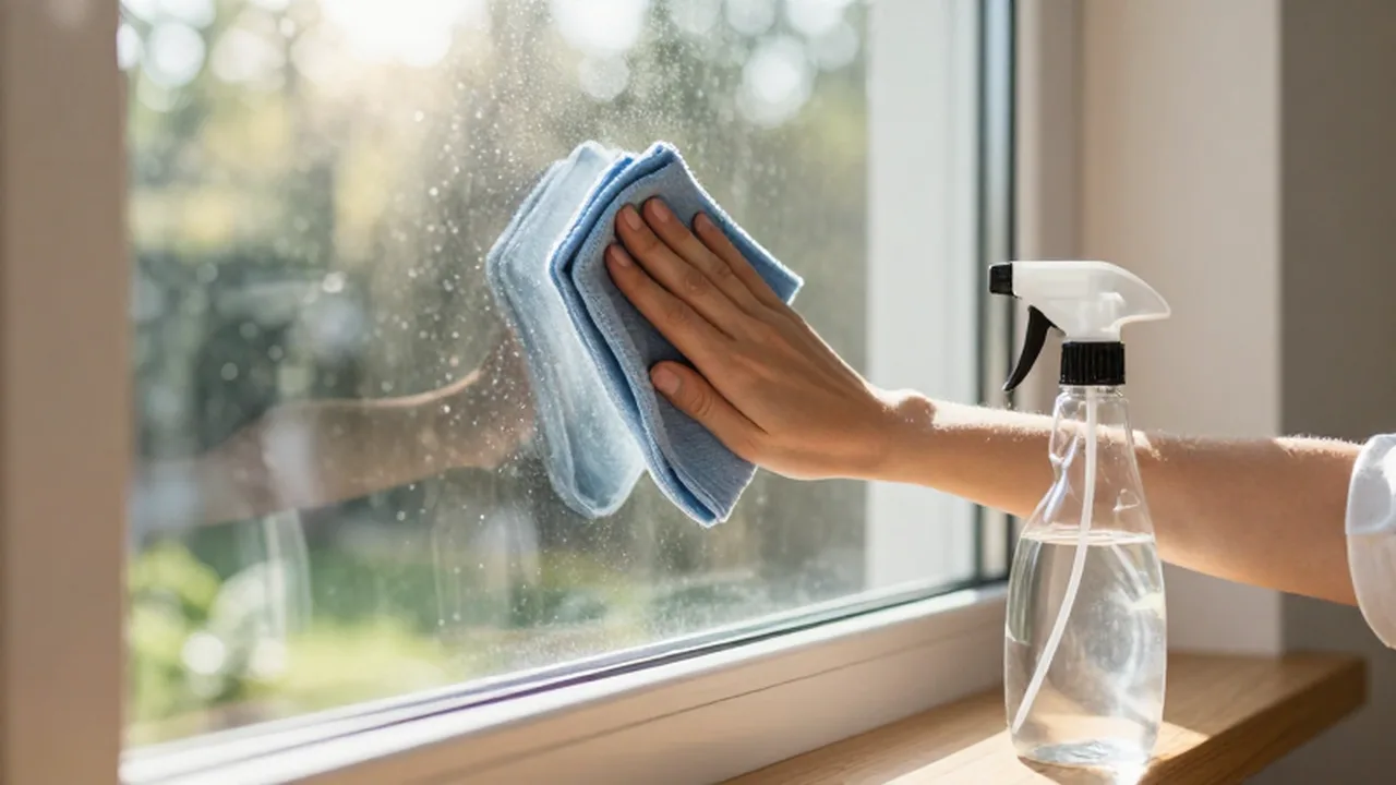 Persona limpiando un gran ventanal con un paño de microfibra mientras la luz del sol atraviesa el cristal.