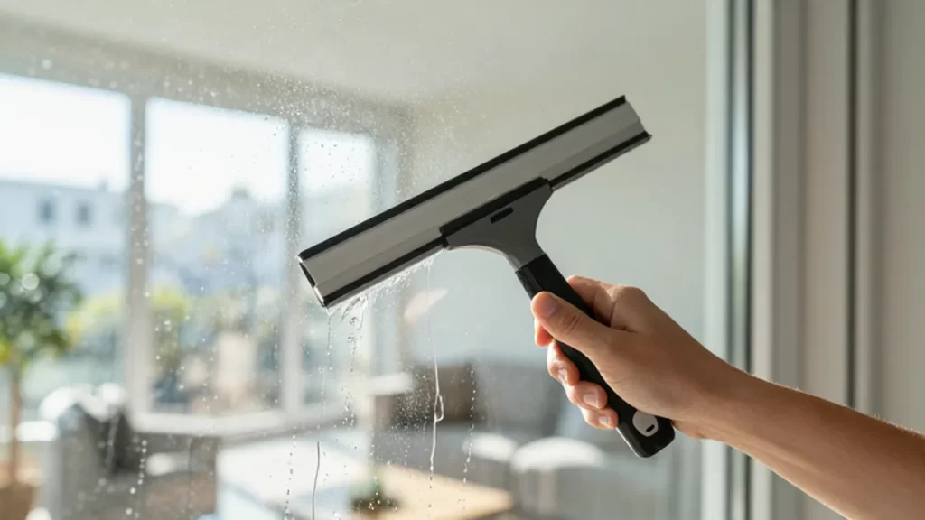 Mano utilizando un limpiador profesional para dejar un ventanal impecable y sin manchas.