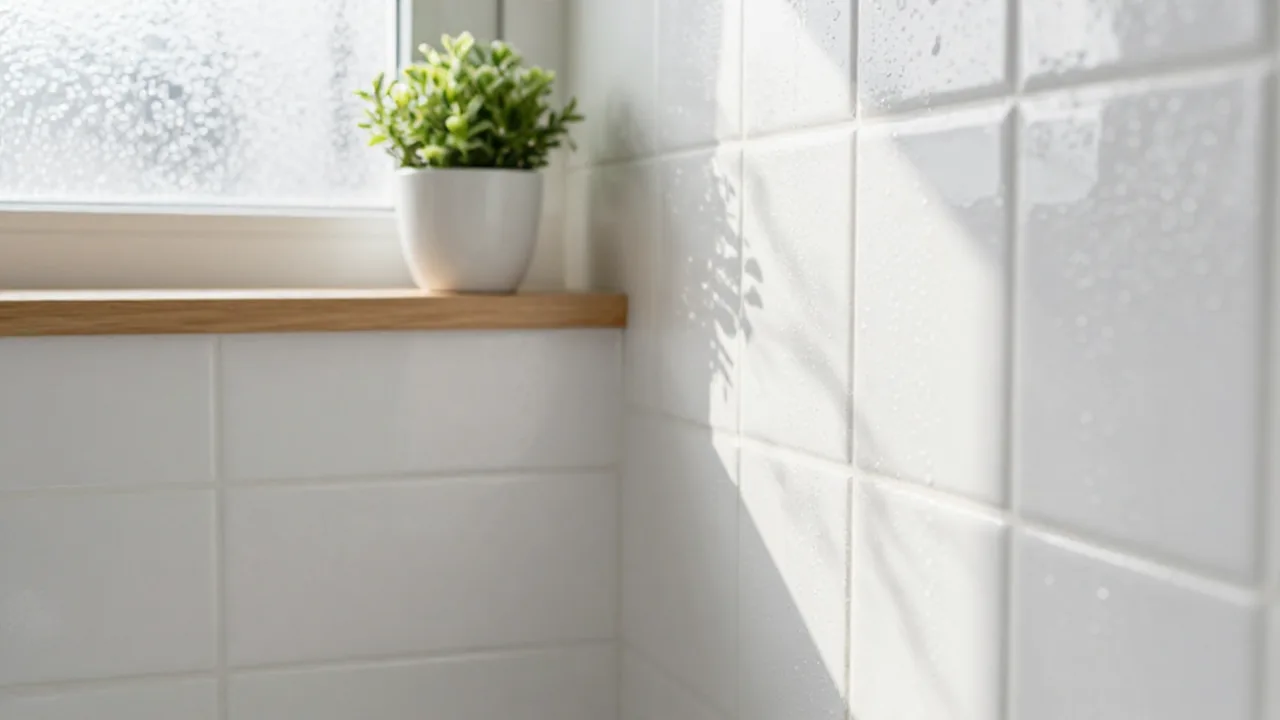Pequeña planta decorativa sobre un estante de madera en un baño de azulejos blancos.
