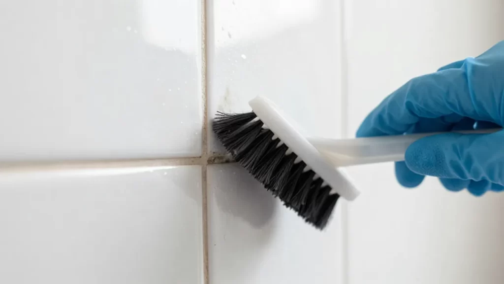 Una mano con guantes azules frota el moho negro de la junta de un azulejo blanco.