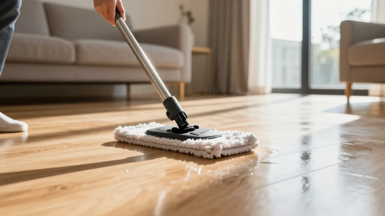 Manos pasando una mopa de microfibra sobre un suelo de madera de roble claro.