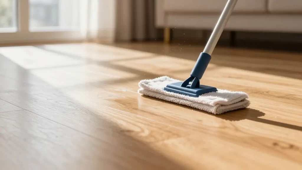 Mopa de microfibra limpiando un suelo de madera de roble bajo la luz del sol.