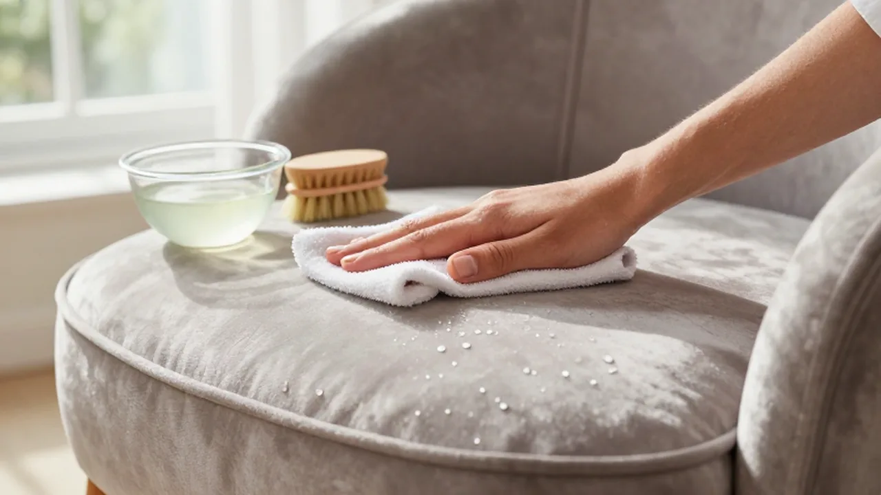 Manos limpiando con cuidado un sillón de terciopelo con un paño suave bajo la luz natural.