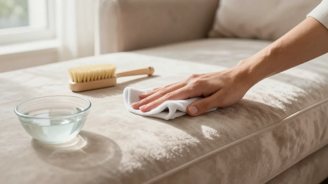 Manos limpiando suavemente un sofá de terciopelo beige con un paño de microfibra.