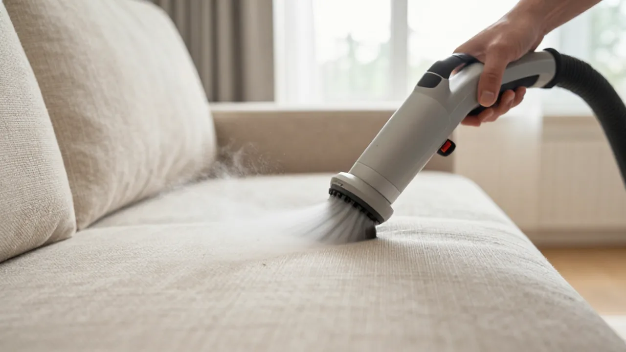 Manos utilizando una boquilla de limpieza a vapor sobre la tela de un sofá beige.