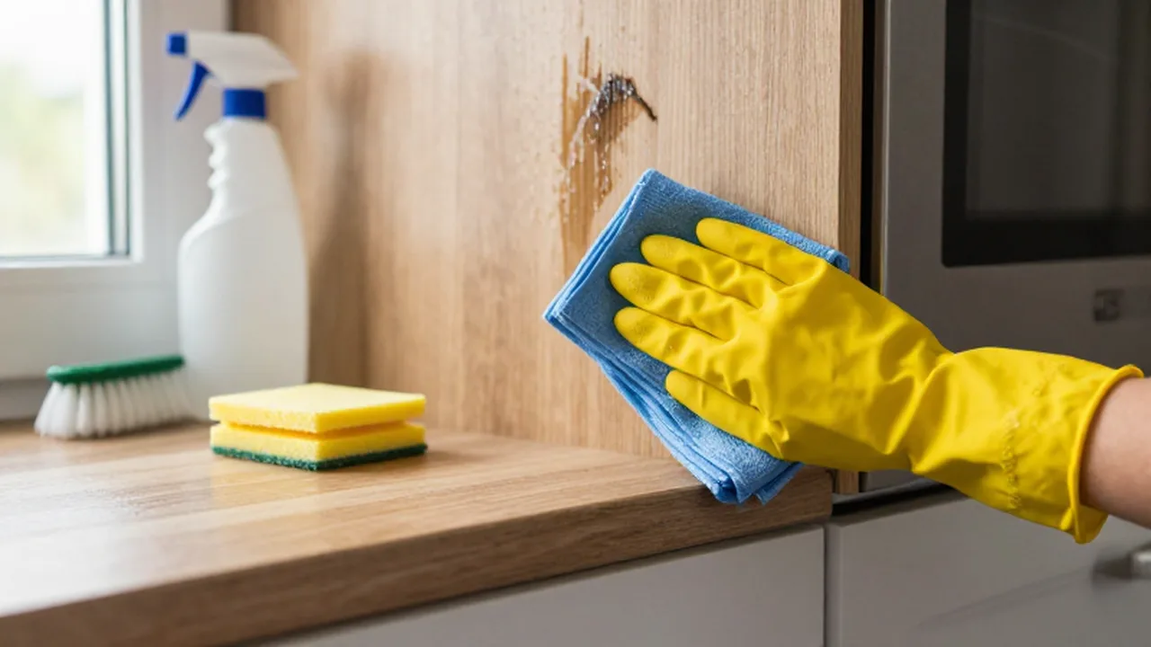 Persona con guantes amarillos limpiando una mancha de humedad bajo un mueble de cocina.