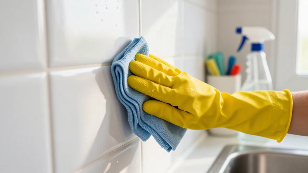 Persona con guantes amarillos limpiando con un paño un azulejo blanco en una cocina iluminada.