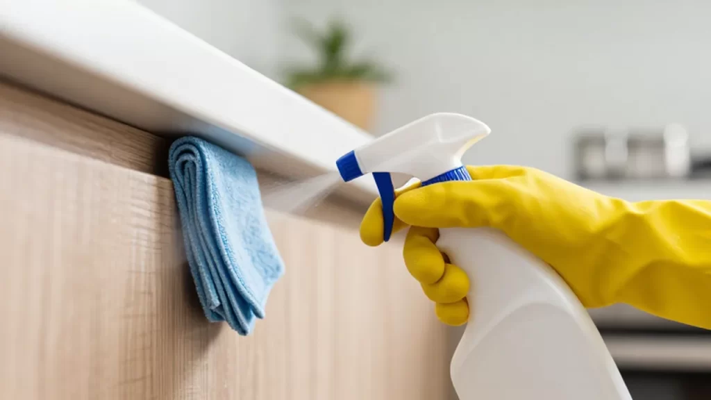 Manos con guantes amarillos pulverizan desinfectante sobre la base de un mueble de madera.