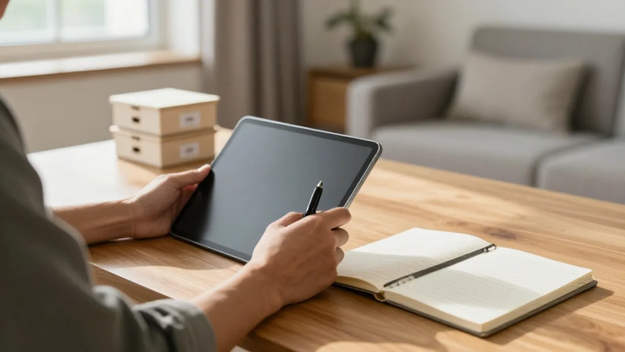 Persona sosteniendo una tableta digital y un lápiz sobre un escritorio de madera iluminado por el sol.