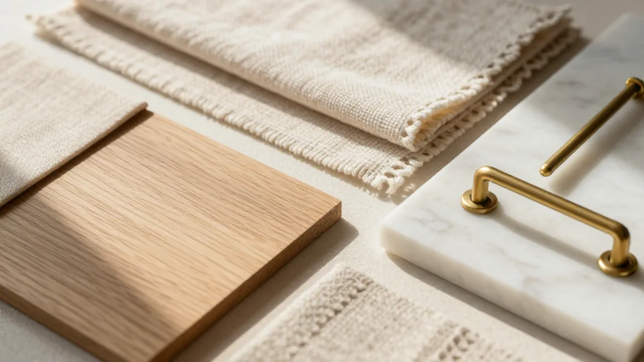Muestras de madera de roble, lino crema, mármol blanco y detalles en latón mate.