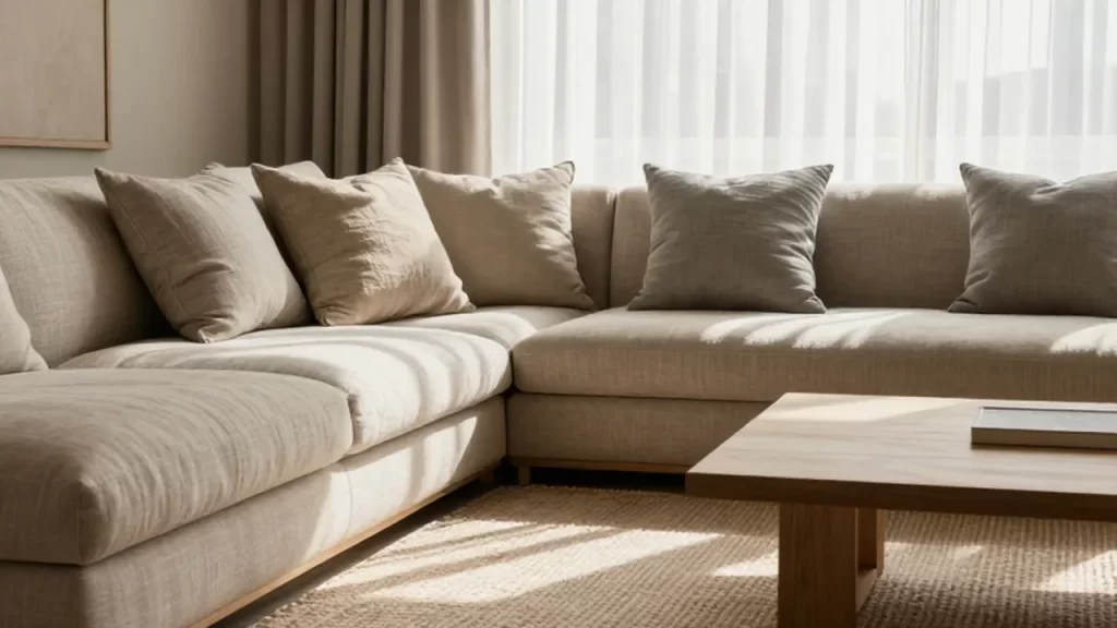 Salón minimalista con cojines de lino