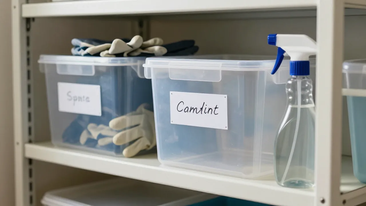 Estantería de un armario de limpieza organizada con recipientes etiquetados, guantes y un pulverizador.