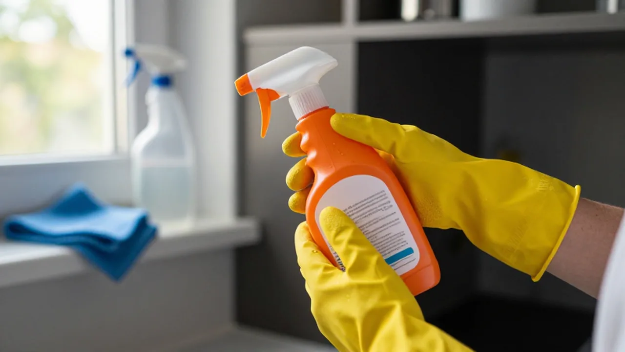 Persona con guantes amarillos sujetando una botella de limpieza naranja en una cocina.