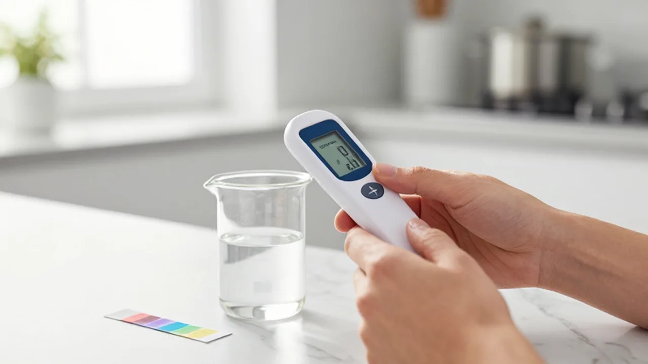 Manos midiendo el pH de un líquido transparente en un vaso de precipitados con un medidor digital.