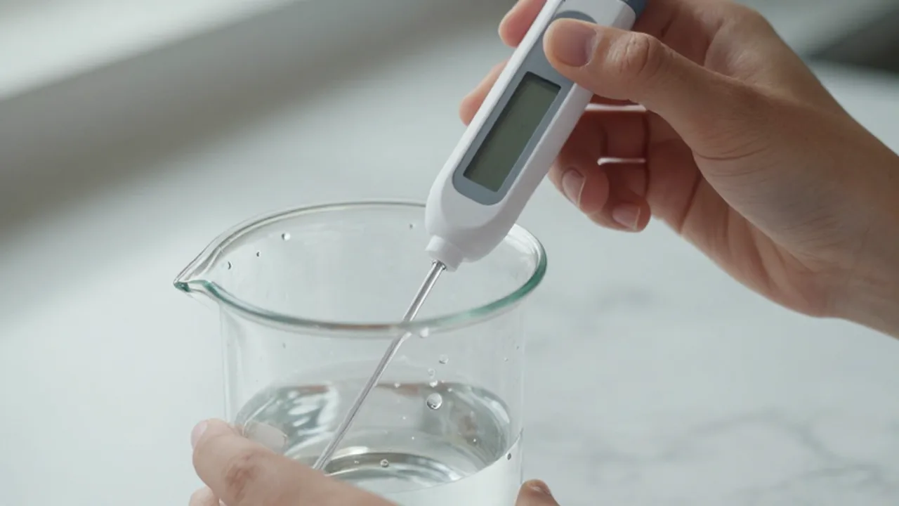 Manos utilizando un medidor digital de pH para analizar una muestra de agua en un vaso.