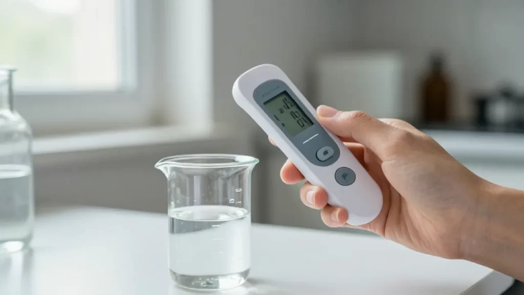 Una mano utiliza un medidor digital para comprobar el pH de un líquido en un vaso de precipitados.