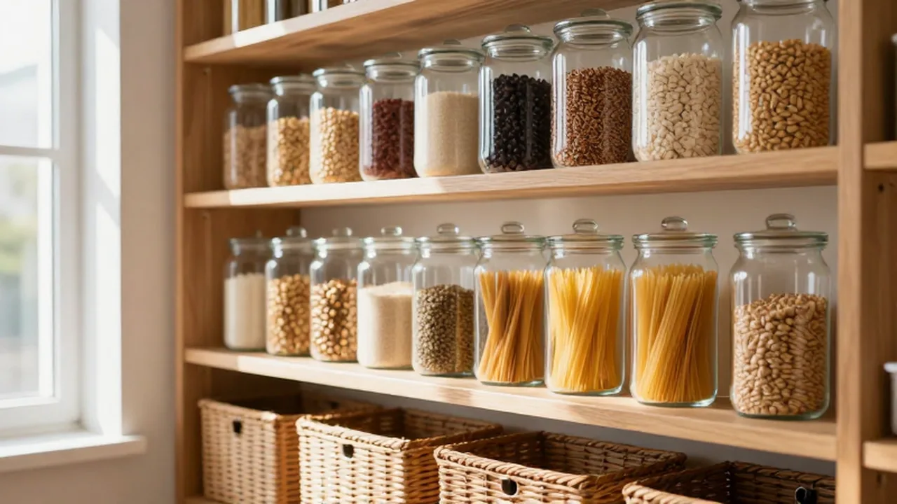 Despensa moderna con estantes de madera, frascos de vidrio organizados y cestas de mimbre bajo luz natural.