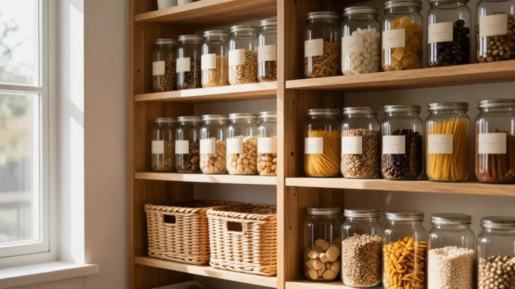 Despensa de cocina organizada con estantes de madera
