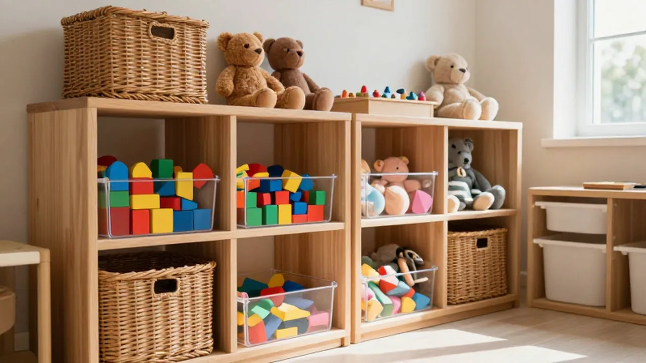 Estanterías de madera con juguetes ordenados y cestas de mimbre en una luminosa habitación infantil.