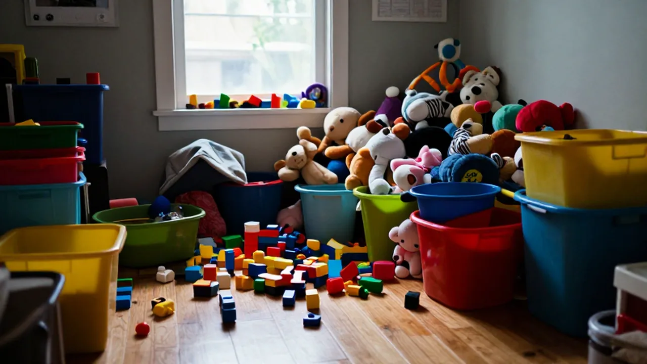 Juguetes de colores y bloques de construcción esparcidos por el suelo de un cuarto infantil desordenado.