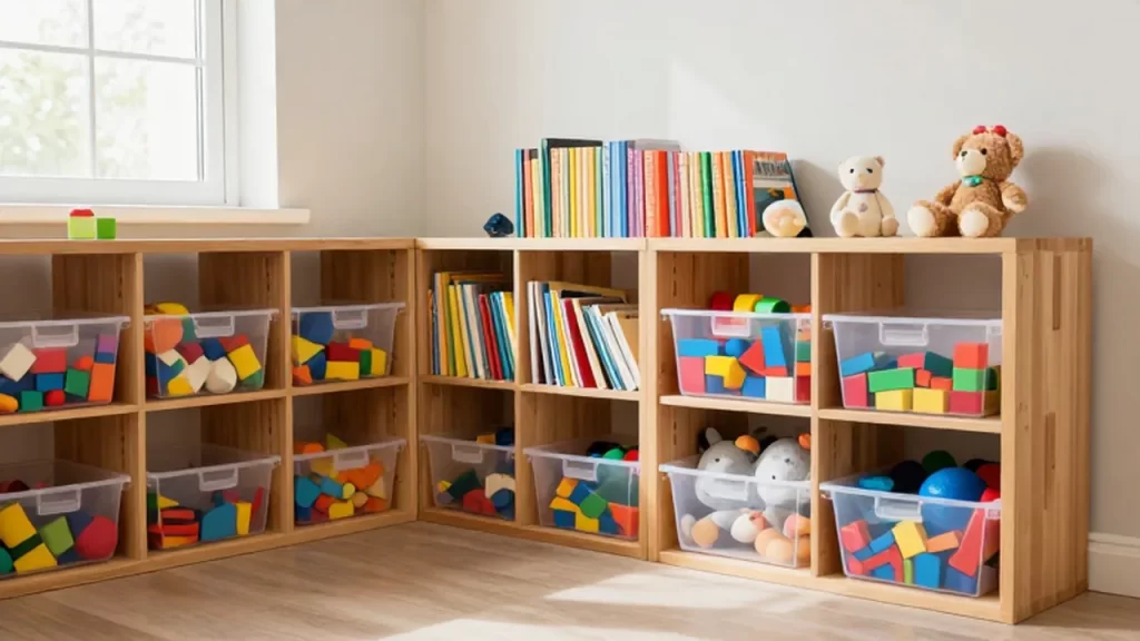 Estanterías de madera organizadas con juguetes coloridos y libros en una luminosa habitación infantil.