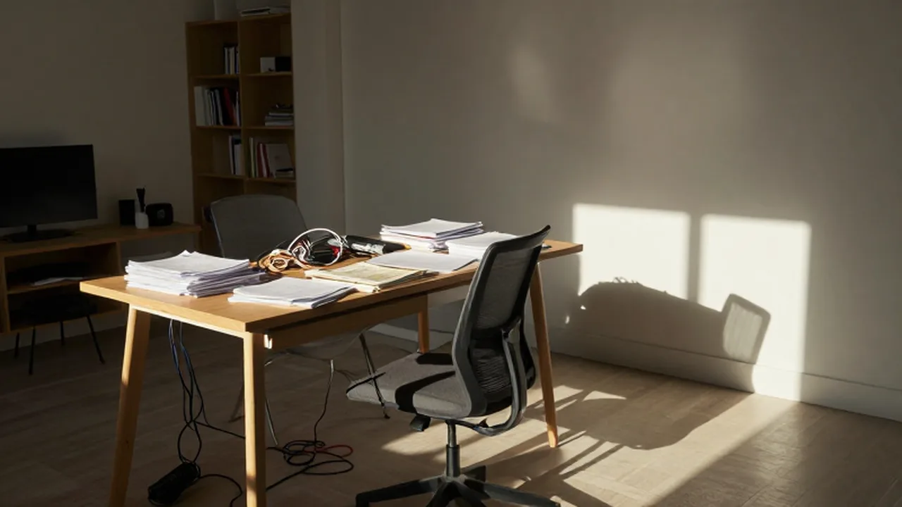 Escritorio de madera desordenado con papeles y cables en un estudio moderno y luminoso.