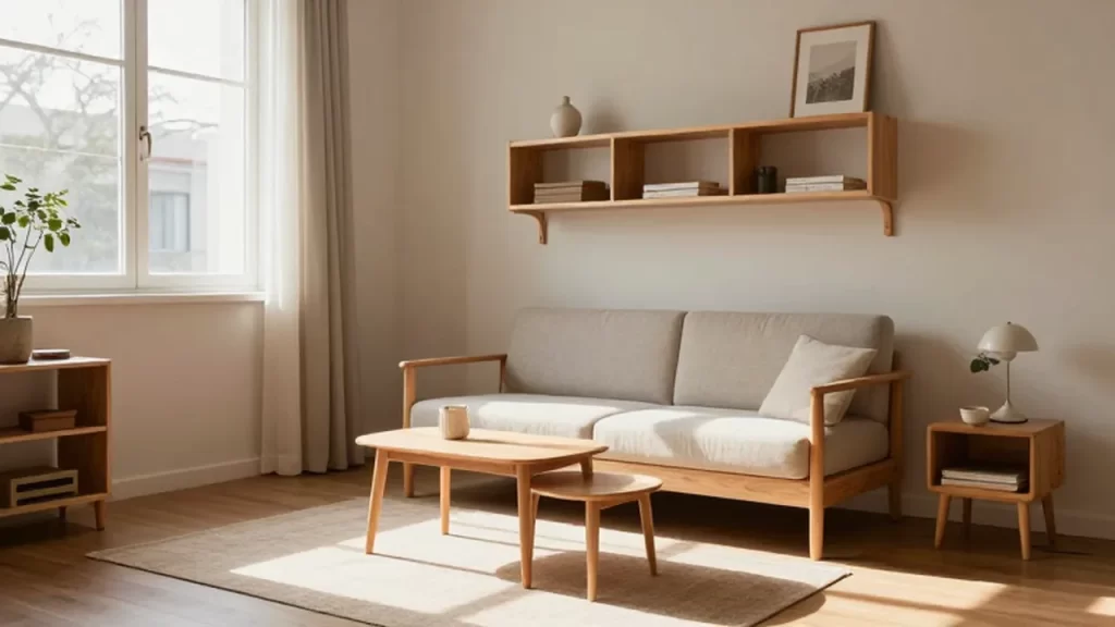 Salón de estudio acogedor con sofá cama de madera y muebles organizados bajo la luz matinal.