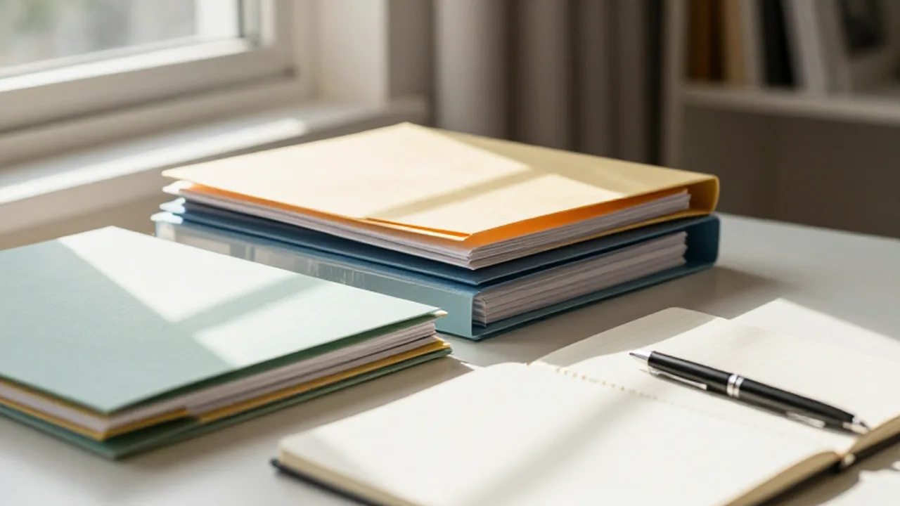 Escritorio de oficina organizado con carpetas en tonos pastel, papelería elegante y luz natural.