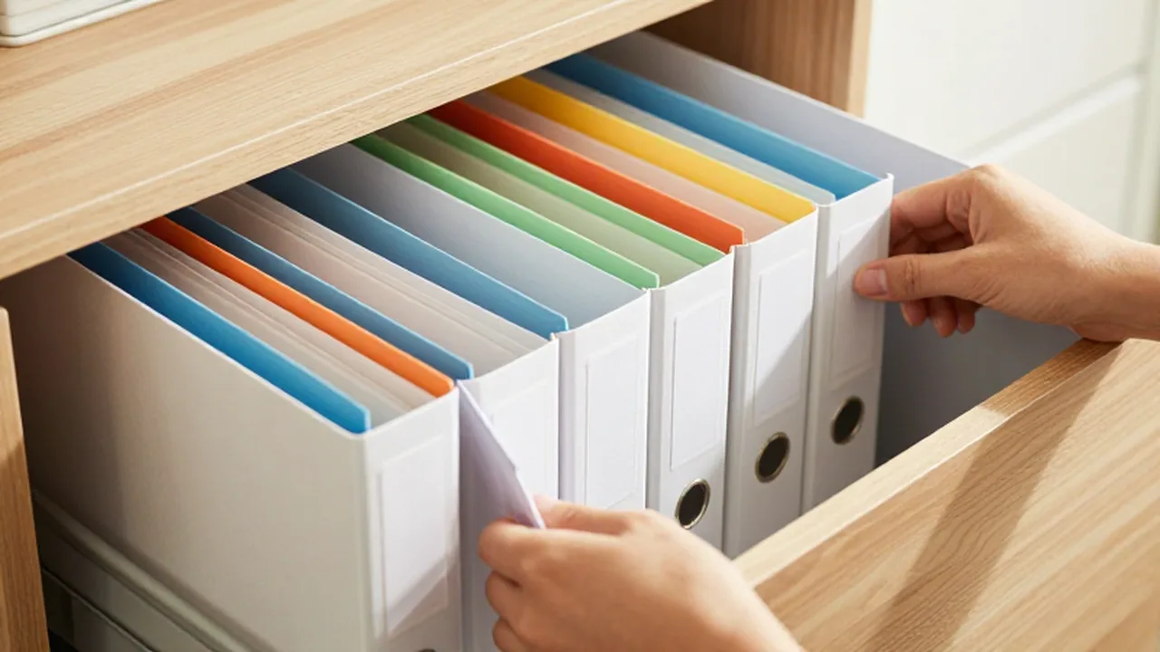 Unas manos organizan carpetas de colores y archivadores blancos dentro de un cajón de madera.