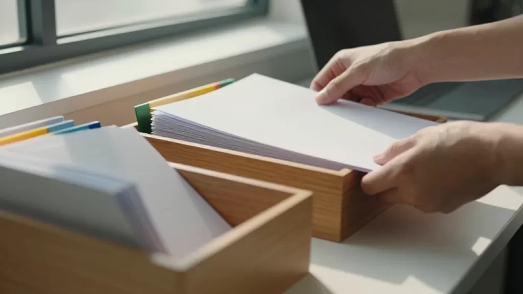 Manos organizando documentos blancos en bandejas de madera sobre un escritorio iluminado por el sol.