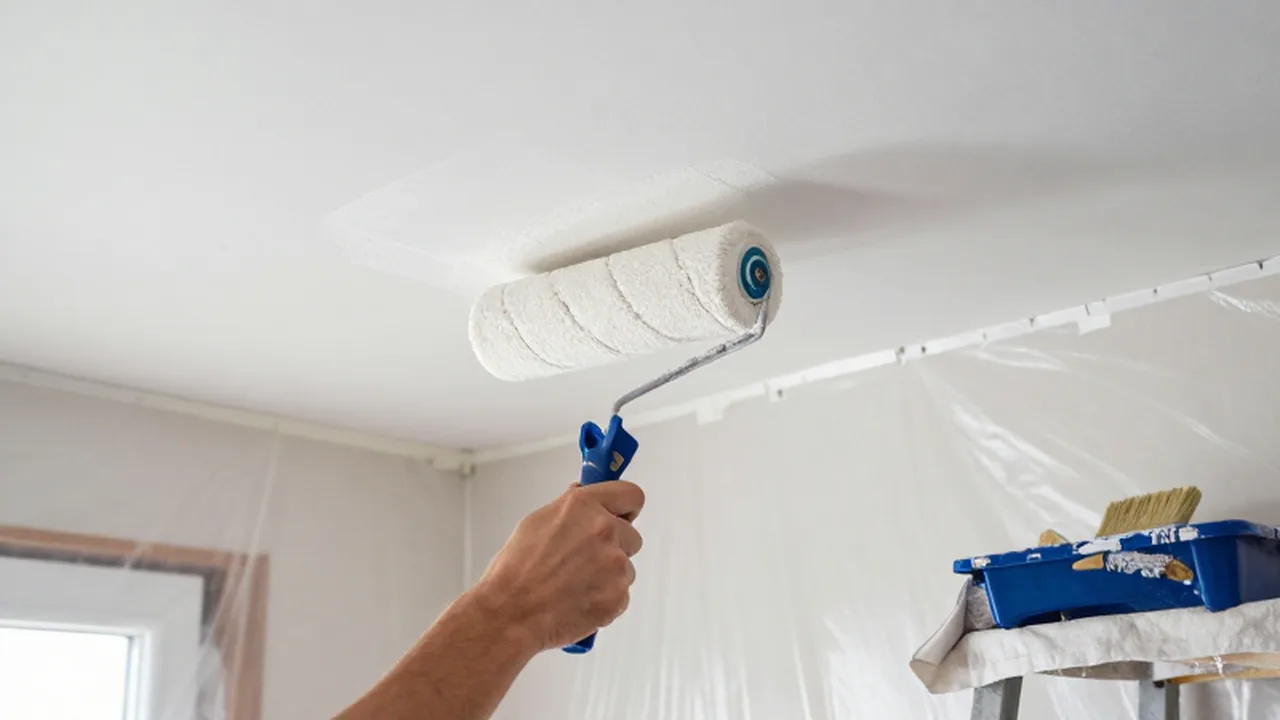Manos aplicando pintura blanca en un techo con un rodillo sobre una superficie protegida.
