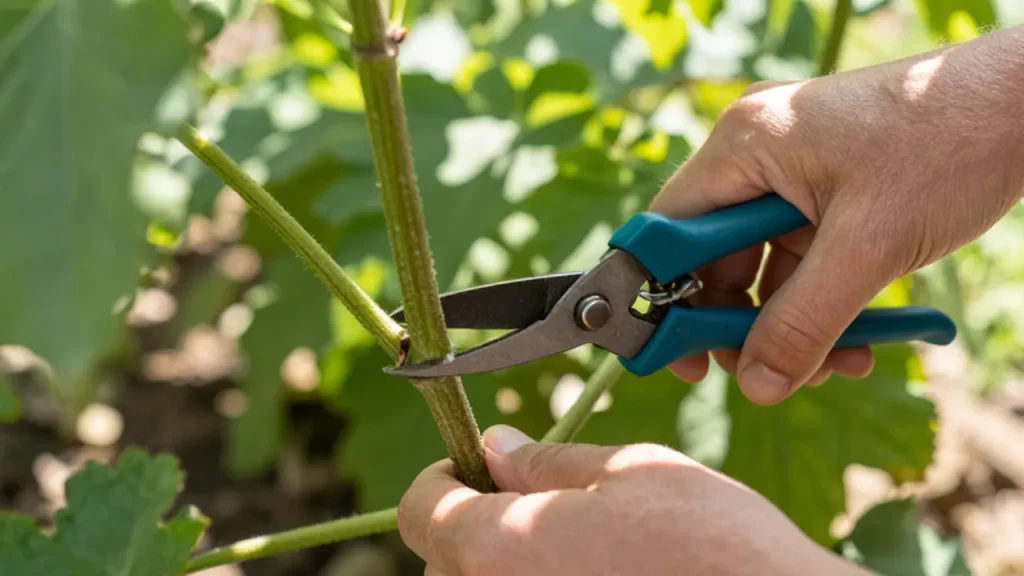 Manos utilizando unas tijeras de podar profesionales para cortar un tallo verde en un jardín.