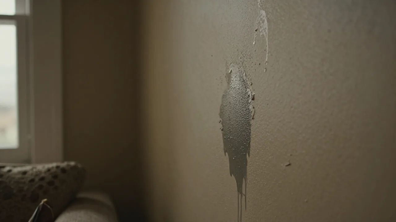 Mancha de humedad oscura y pintura beige descascarada en la esquina de una pared.