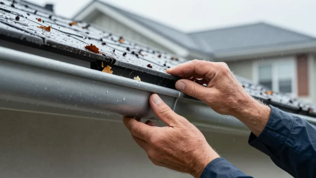 Manos revisando un canalón de aluminio mojado por la lluvia en una casa.