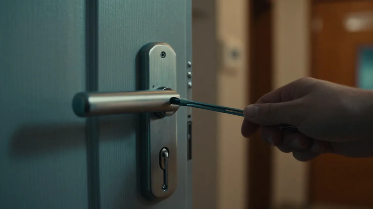 Una mano sostiene una herramienta de cerrajero cerca de la cerradura de una puerta metálica.
