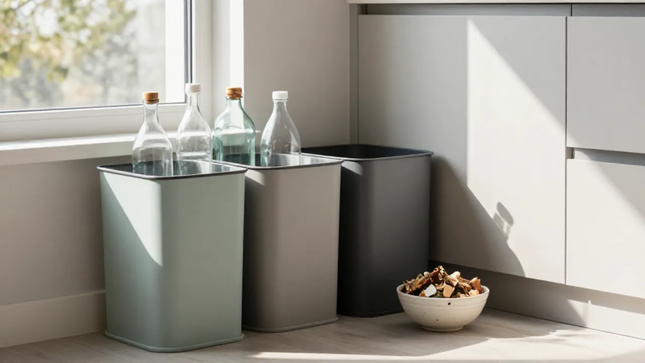Tres cubos de reciclaje minimalistas junto a botellas de vidrio y restos de compost en una cocina luminosa.