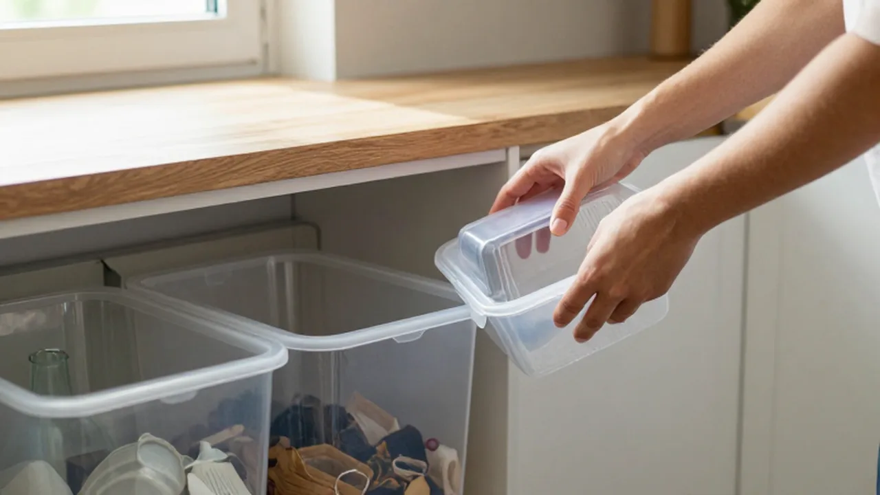 Manos depositando un envase de plástico en un contenedor de reciclaje dentro de una cocina luminosa.