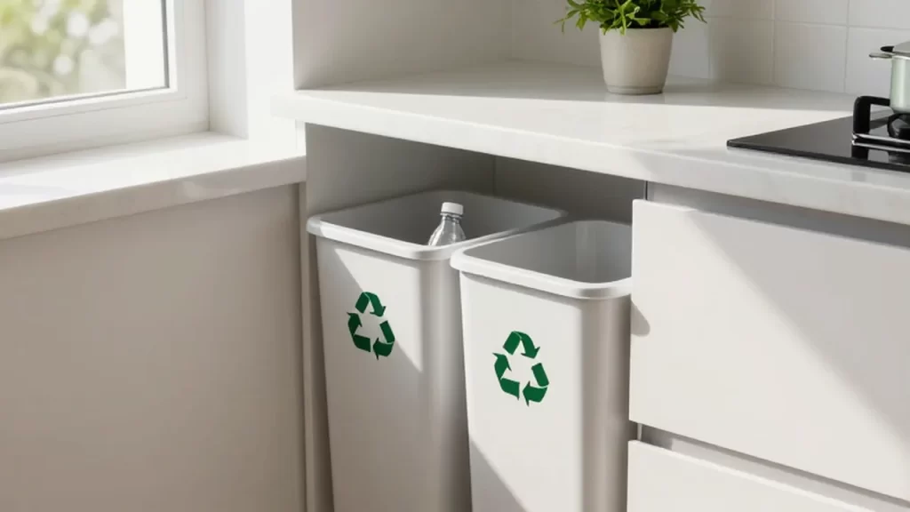 Estación de reciclaje organizada con cubos etiquetados sobre una encimera blanca en una cocina luminosa.